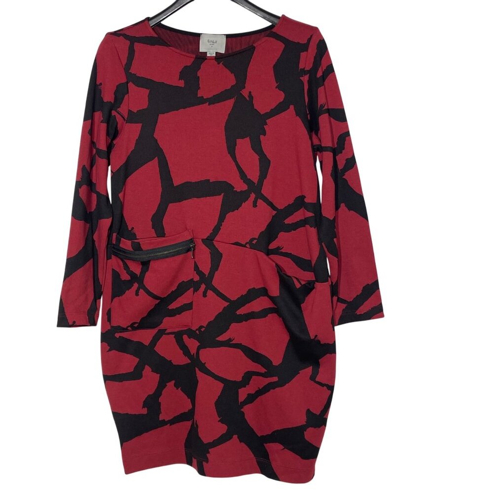 Chalet et Ceci Abstract Knit Stretch Sheath Dress SM Pockets Artsy Art to Wear